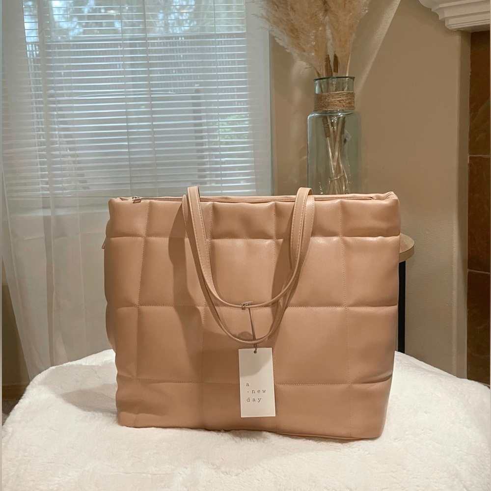 Quilted Athleisure Soft Tote Handbag - A New Day Tan